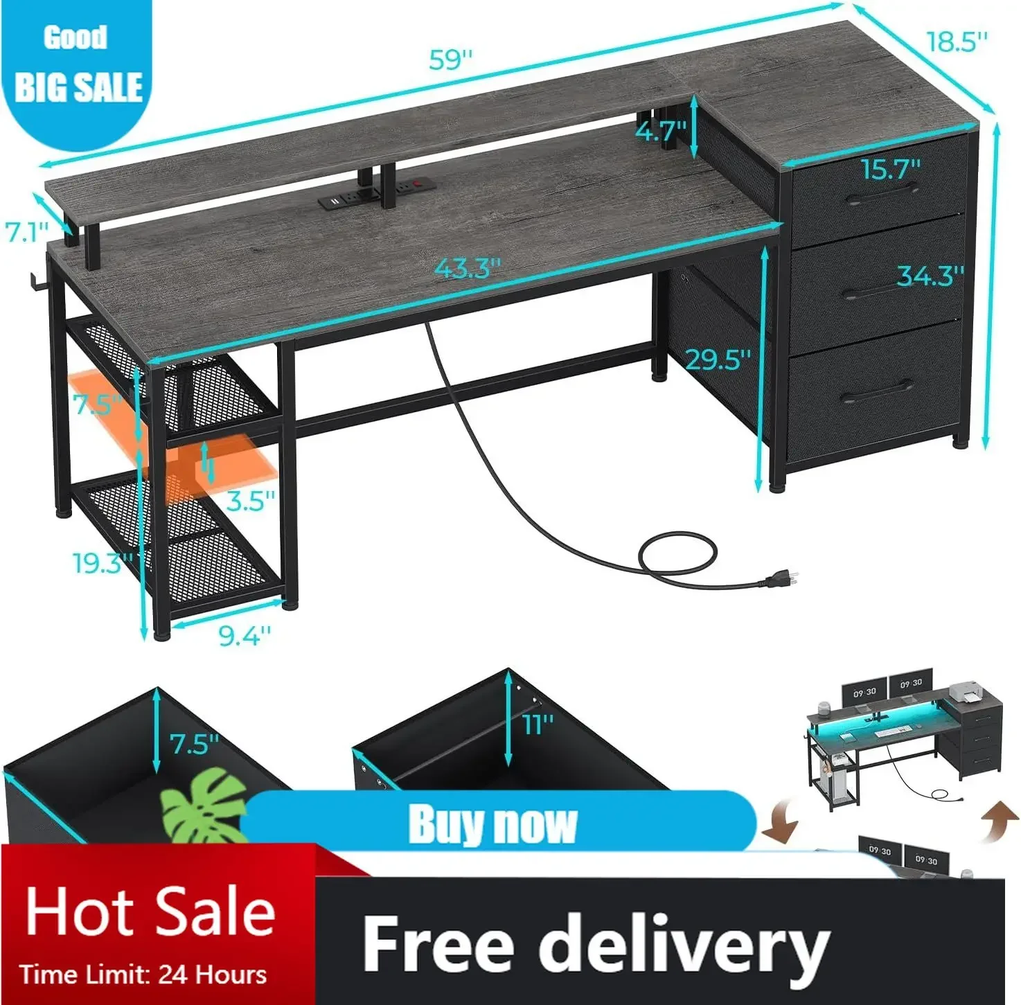 

BestsellerFinally Organized 59" Office Desk with File Drawers, Reversible Computer Gaming Desk with Storage, LED Lights & Power