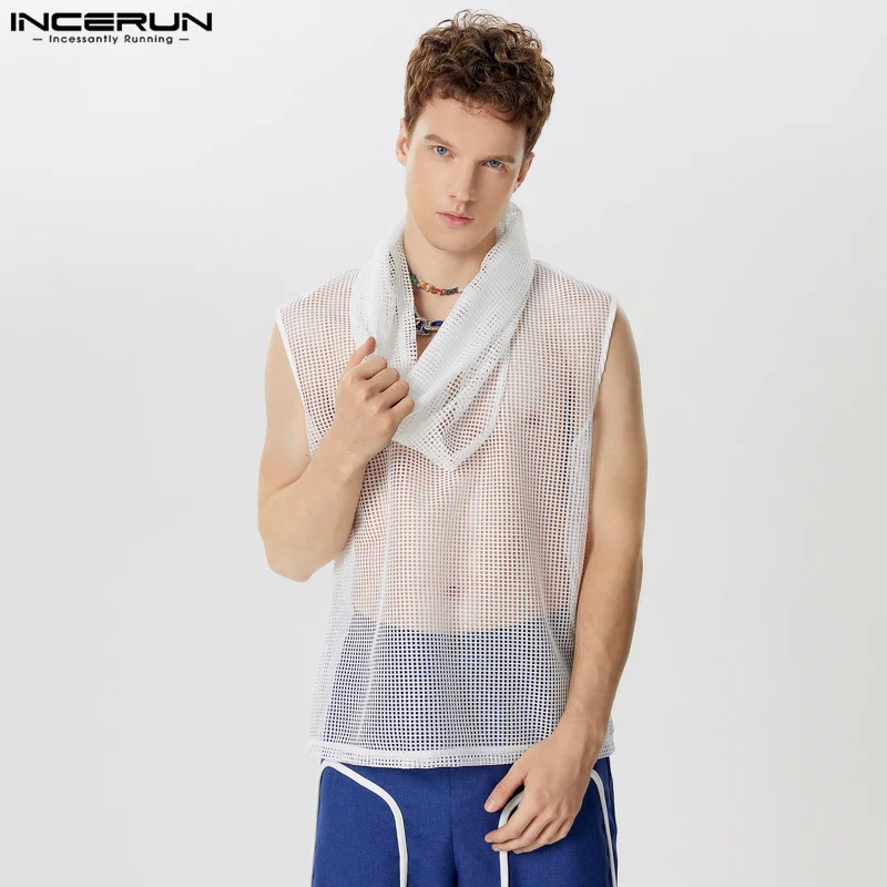 2024 Men\'s Tank Tops Mesh Hollow Out Turtleneck Sleeveless Male Vests Streetwear Transparent Fashion Men Clothing INCERUN S-5XL