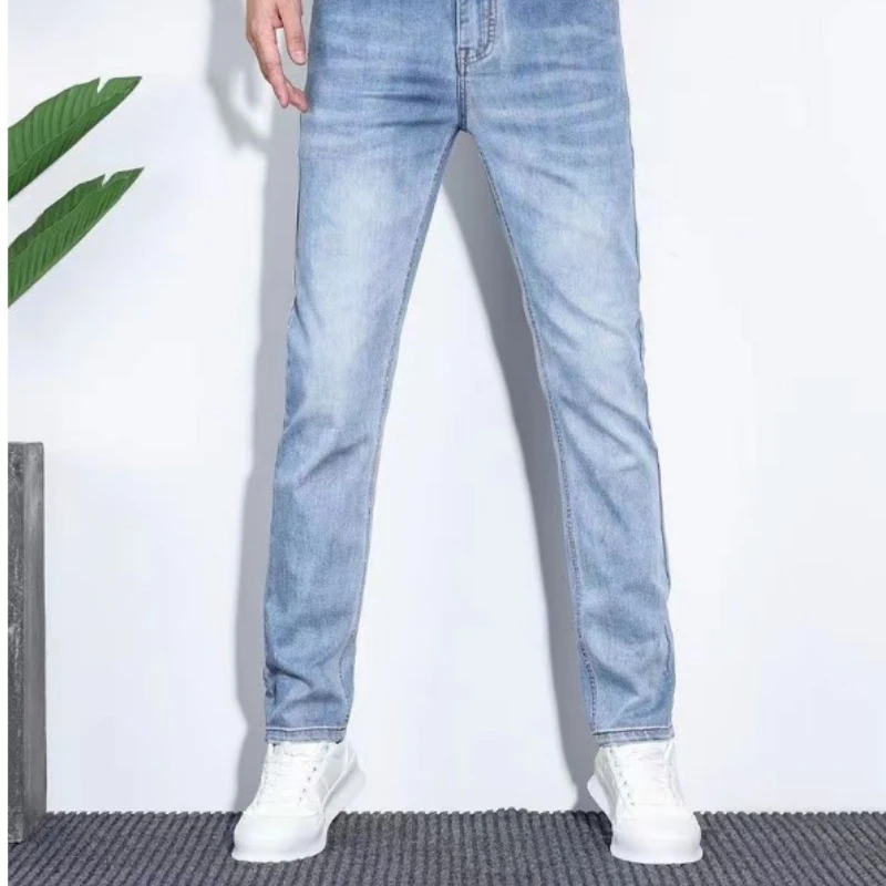 Man Denim Pants Blue Baggy Trousers Man's Adult Clothing Casual Jeans Business Straight Leg Stretch Sportseear Slim Fit Solid