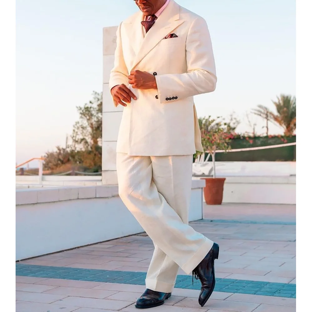 

Elegant White Peaked Lapel Double Breasted Men Suits Wedding Formal Party Fashion Man Sets Banquet Sets 2 Pieces (Jacket+Pants)