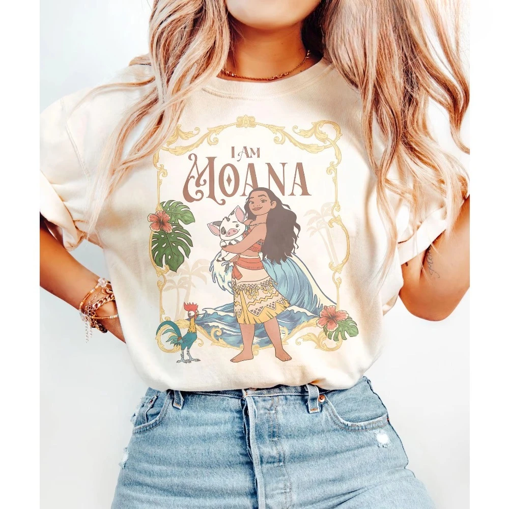 

Летняя футболка с принтом Disney Princess Moana 2026, модная хлопковая футболка для мужчин и женщин, качественная повседневная свободная футболка с короткими рукавами, классическая унисекс-модель