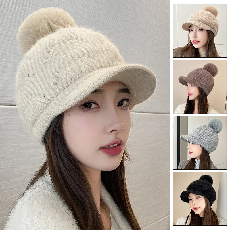 Winter Imitation Rabbit Fur Baseball Cap Korean Style Simple Thick Warm Knitted Hat Lady Winter Autumn Fur Pompom Ball Hat kpop