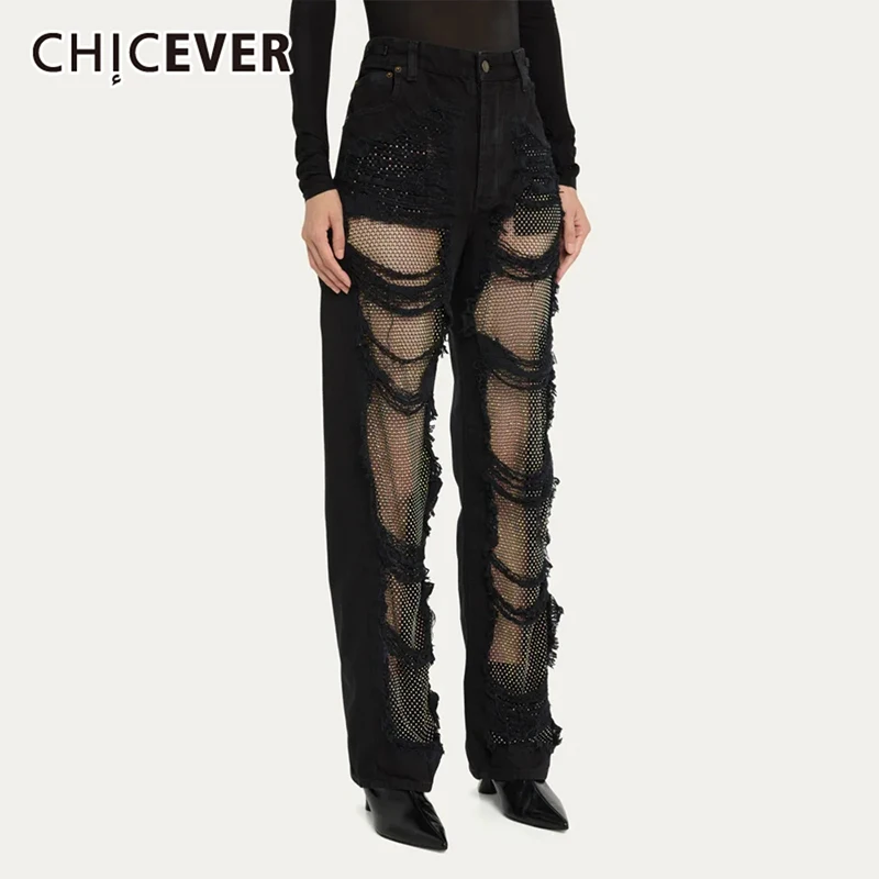 CHICEVER Patchwork Diamonds Solid Denim Pants For Women High Waist Spliced Button Streetwear Casual Loose Straight Jeans Female