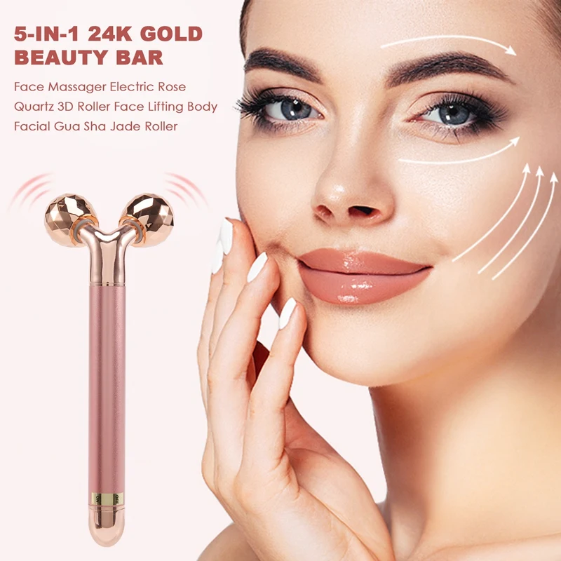 5-in-1 24K Gold Beauty Bar Gesichtsmassagegerät Elektrischer Rosenquarz 3D Roller Facelifting Körper Gesichts Gua Sha Jade Roller