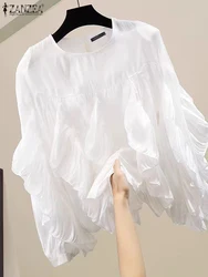 ZANZEA Women Korean Ruffle Blouse Fashion Ruffle Patchwork Long Sleeve Tops 2024 Autumn White Loose Blusus Chic Round Neck Tunic