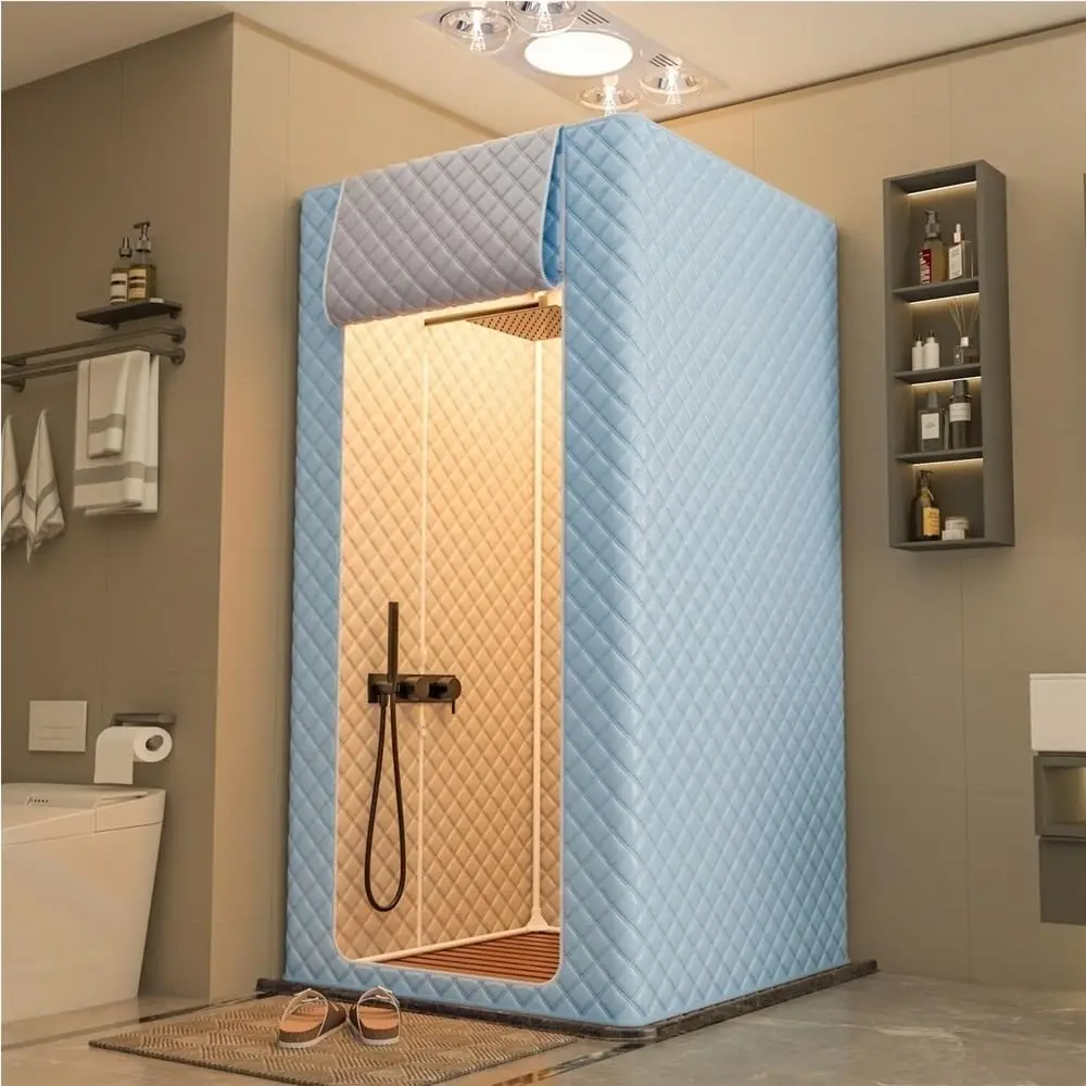 Portable Shower Curtain Enclosure with Stand, Modern Folding Square Wrap Around Shower Stall Curtain for Bathroom(Blue)