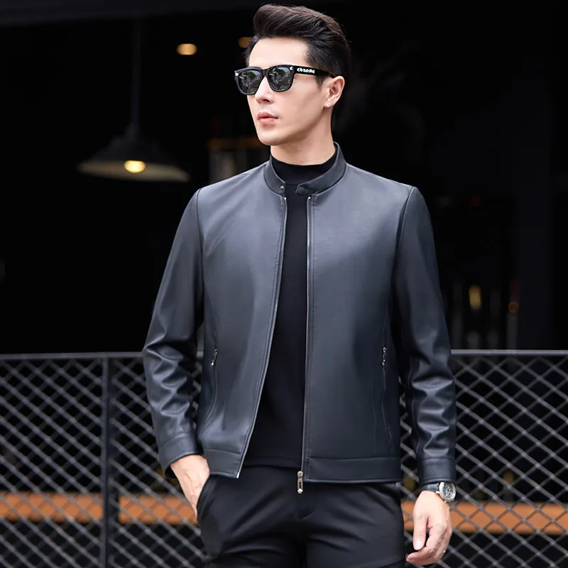 

Autumn New Haining Leather Jacket for Men Middle-aged Stand Collar Lightweight Leather Jacket Baseball Collar Fashionable