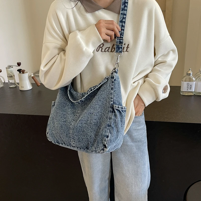 Casual Denim Shoulder Bags Simple Portable Large Capacity Retro Crossbody Bags for Women 2024 Fashion Tote on Sale