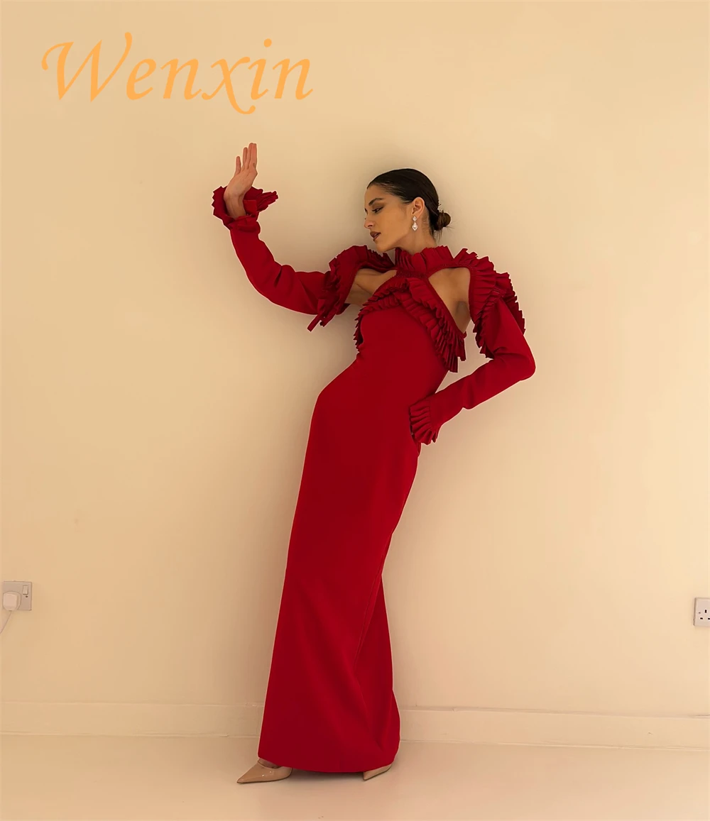 Robe de soirée en Jersey rouge Simple, personnalisée, col haut, manches longues, robes de soirée, robes d'occasion spéciale