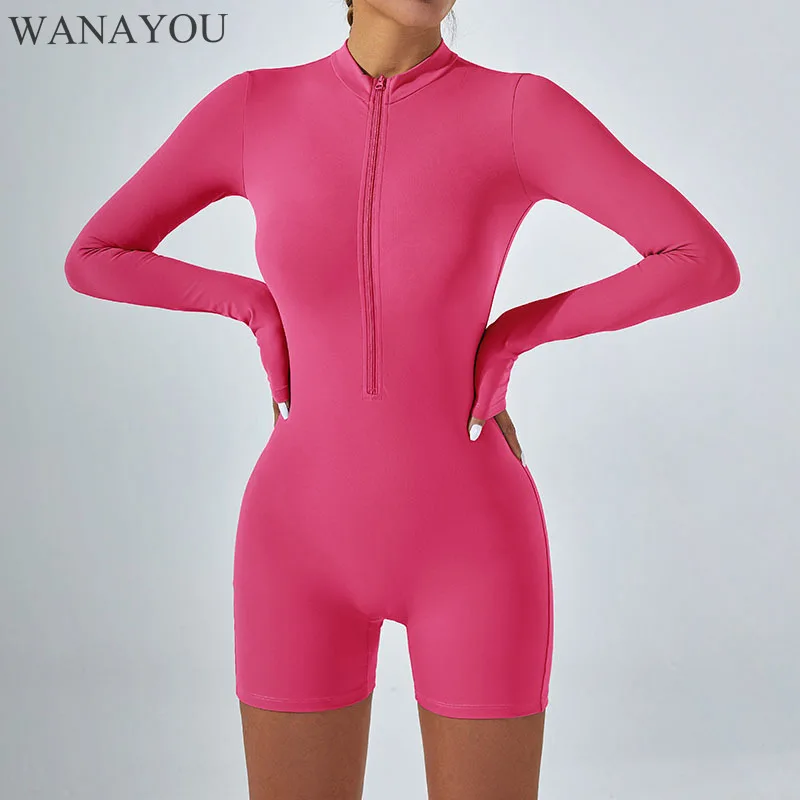 WANAYOU Front Zip Women Sports Tracksuit One Piece Yoga Shorts Set Long Sleeve Gym Fitness Shirts Bodysuit Workout Jumpsuit