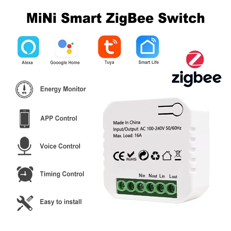 Tuya Smart ZigBee Switch Energy Monitor Tiny Relay Socket Module Timer 16A Remote Control Din Rail Works with Google Home Alexa