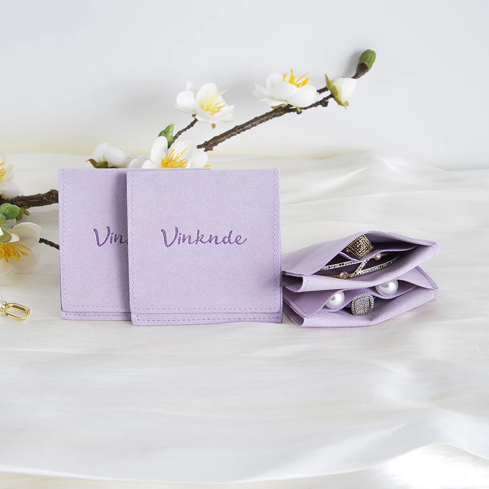 

Hot-sale Custom Logo Light Purple with Compartments Microfibre Jewellery Bags Accessories Packaging Diamond Ring Earring Storage