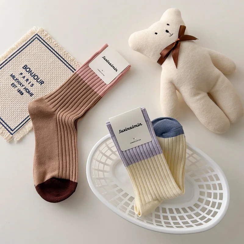 CHAOZHU Women Casual Socks Cotton Korean Color Patchwork Striped Stretch Rib Stretch Young Aesthetic Fashion Sox 2022