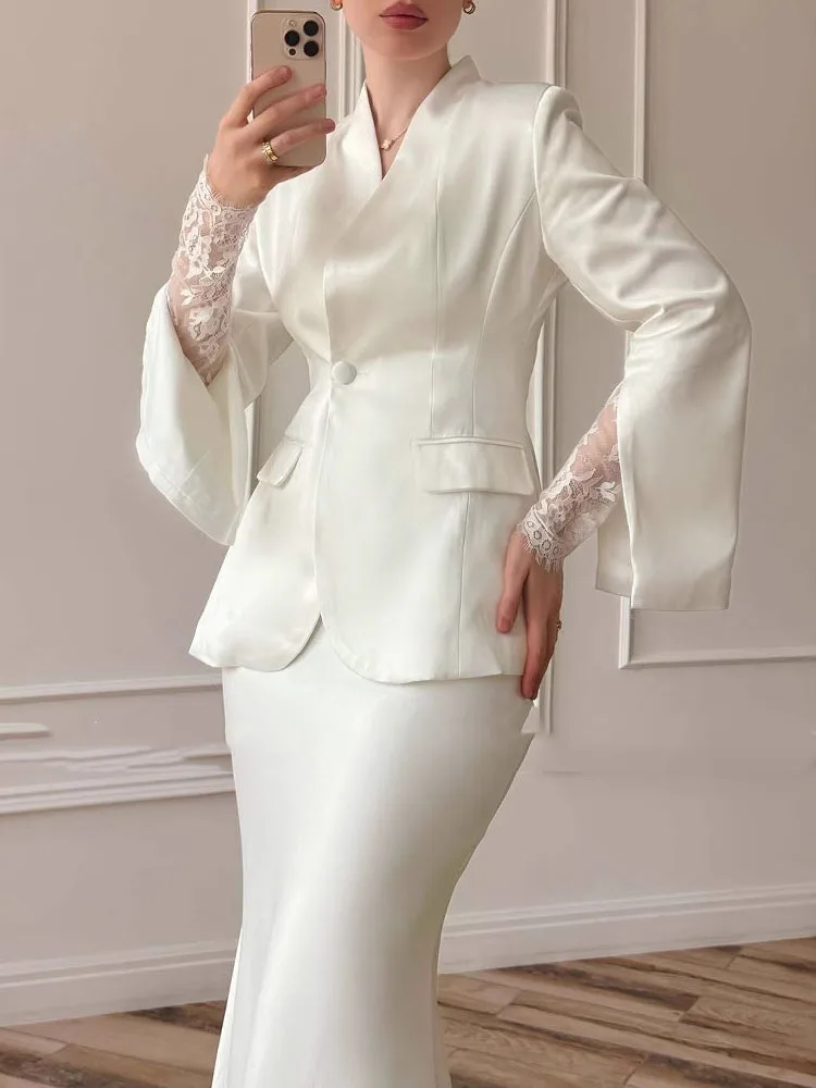 

Satin Slim Autumn Women's Two-piece Set New Temperament High Waist Wrap Hip Skirt Office Outfit Fashion Long Sleeved Solid Suit