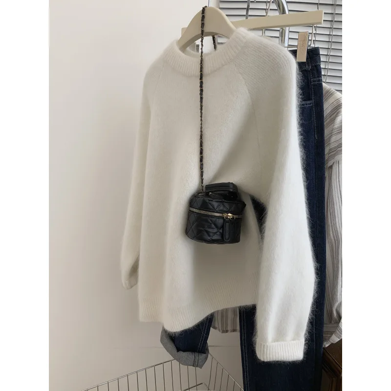 Maglione lavorato a maglia morbido grigio da donna autunno inverno top a maniche lunghe allentato nuovo cappotto caldo pullover semplice con scollo a O in tinta unita