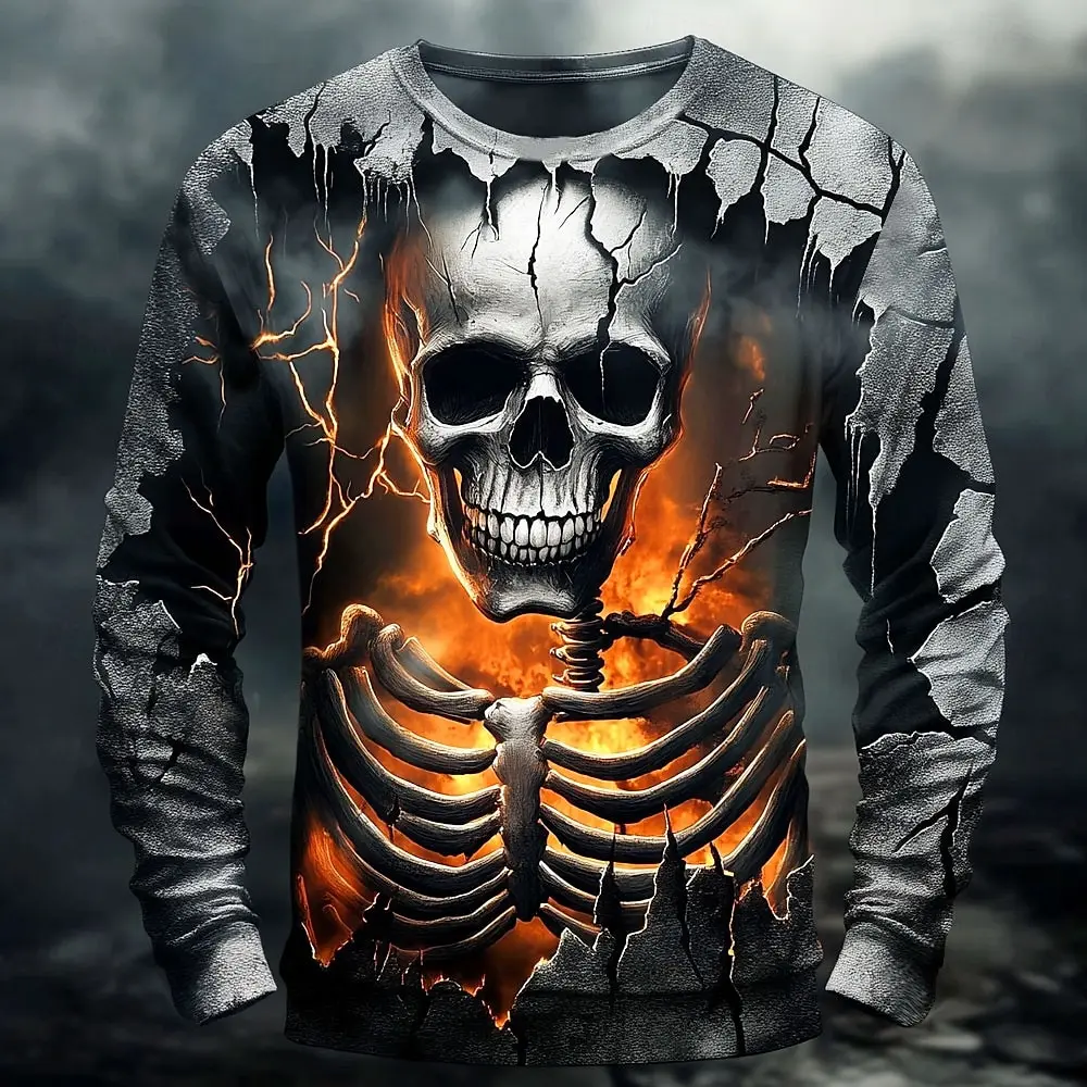 

2025 Fall Winter Fashion Skeleton Prints Long Sleeve T-Shirts for Men Gothic Trendy Streetwear Casual Tops Halloween Party Tee