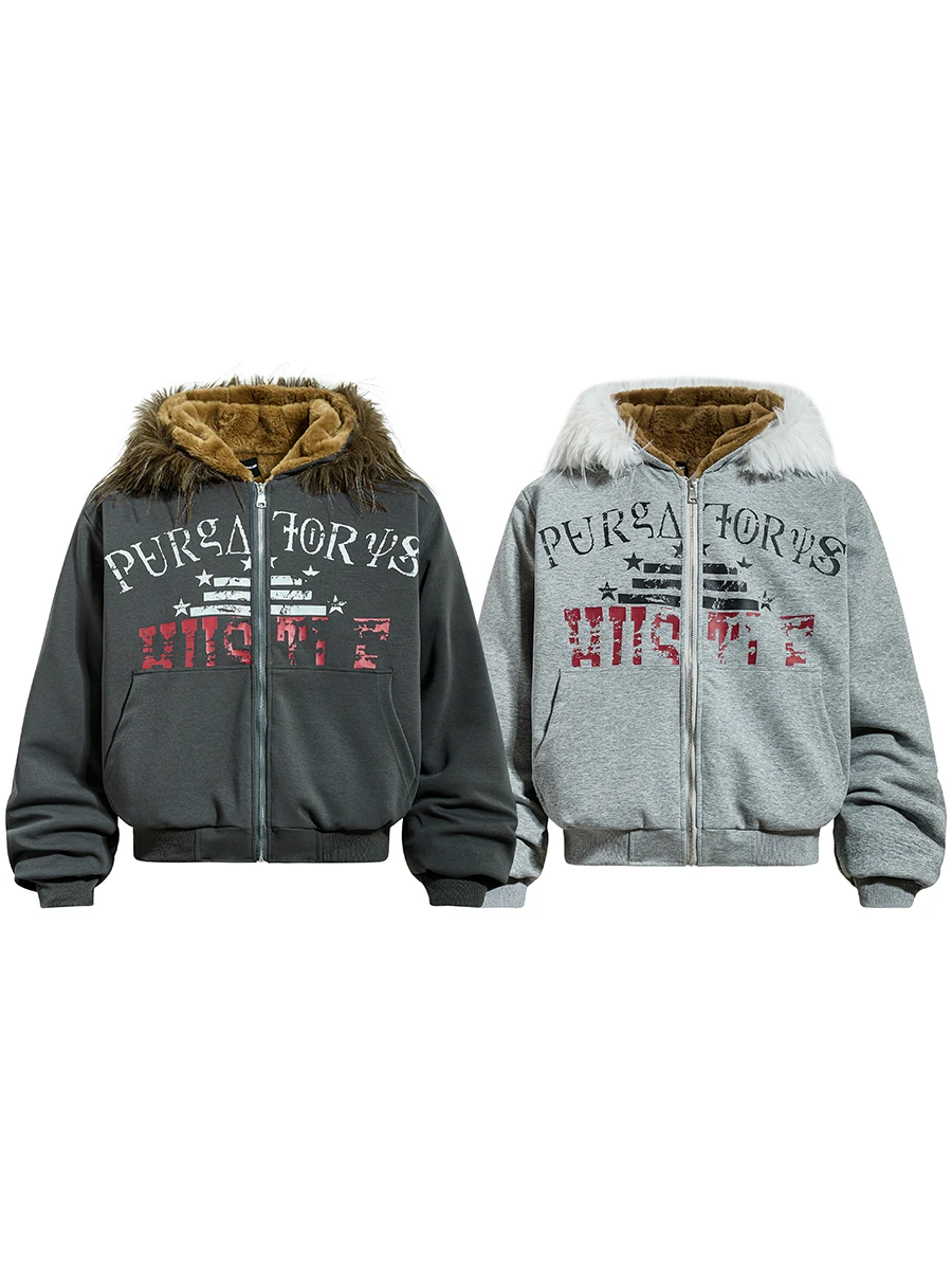 

TR Bruift American Street Vintage Letter Fce Lined Thiened Hooded Fur Trim Cotton Jaet Youth Casual Warm Coat