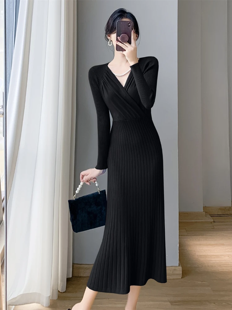 Robe longue à col en V pour femmes, pull de fête pour dames, vêtements français, Maxi blanc et noir, automne et hiver