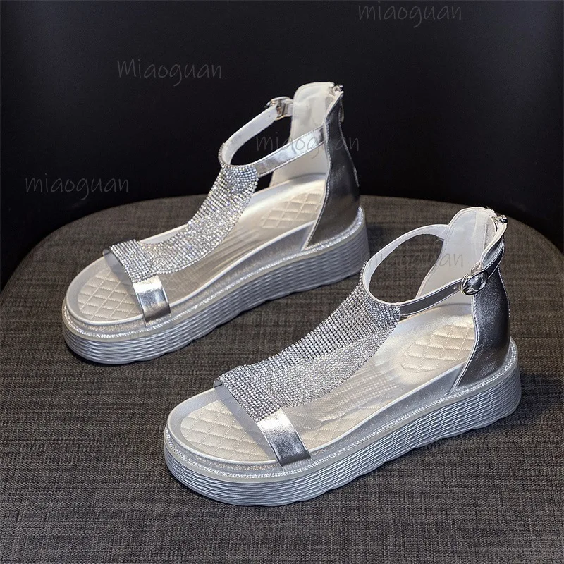 

New T-shaped High-heeled Women Sandals Versatile Summer Fairy Rhinestone Vacation Outdoor Shoes Streetwear Footwears for Ladies