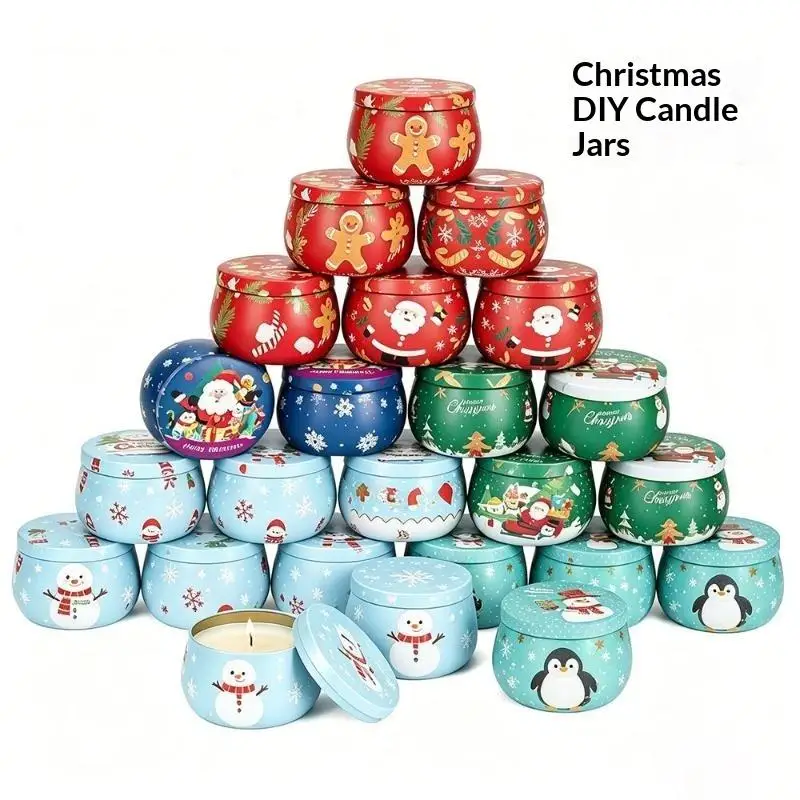 Christmas Empty Candle Tin Box Metal Storage Jar Printed Metal Can For DIY Soy Wax Candle Making Holiday Decoration Gifts