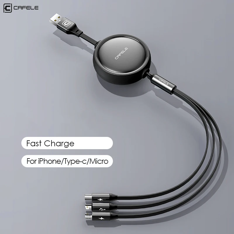 CAFELE Retractable 3 in1 USB A to Lightning Micro Type C Charger Cable for iphone 16 15 3A Portable Fast Charging Line Data Cord