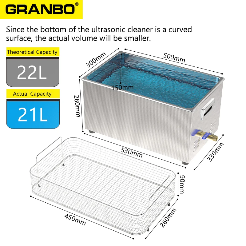 Granbo 22 Liter High-Performance Noise Reduction Ultrasonic Cleaner Multimode Sweep Pulse Degas Power Regulation Heater Bath