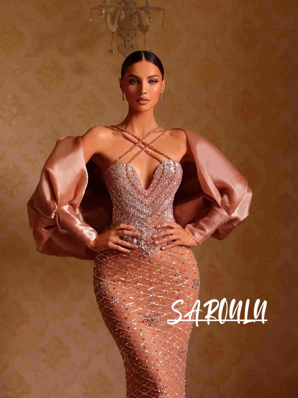 

Luxury Couture Shiny Mermaid Evening Gown Crisscross Deep V Neckline Rhinestone Embellishment Charming Puff Sleeves Prom Dress