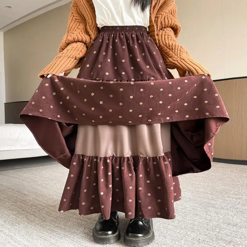 Semi Rok Vrouwen Herfst Winter Nieuwe Taart Rok Hoge Taille Dubbellaags Slanke Retro Bloemen Pluche Voel Grote Zoom Midi Rok Schattig