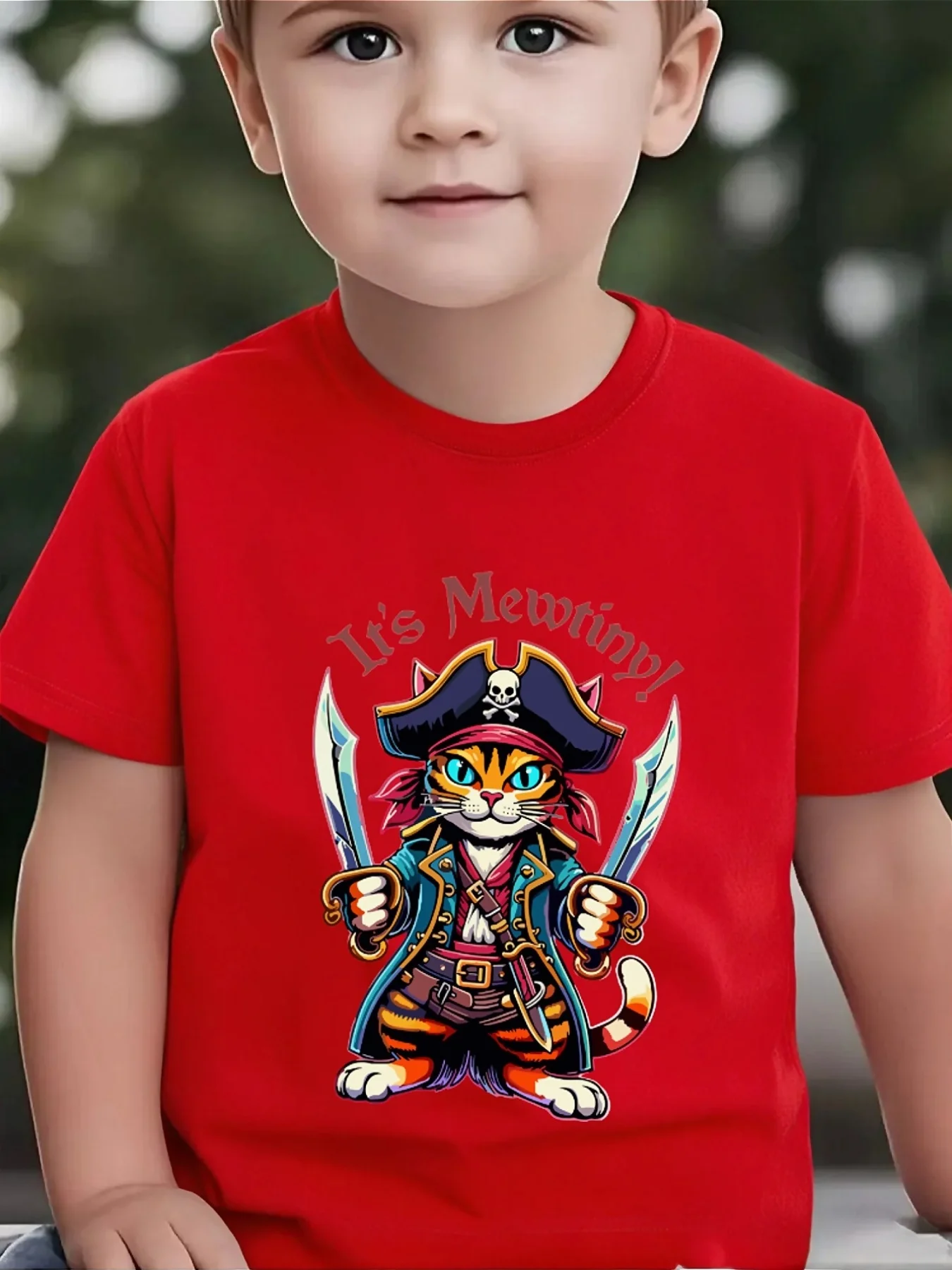 Cute Pirate Cat Cartoon Print Family Matching T Shirt Boys Girls Tee Parent Child Casual Top Mom Dad Kids Summer Daily Wear