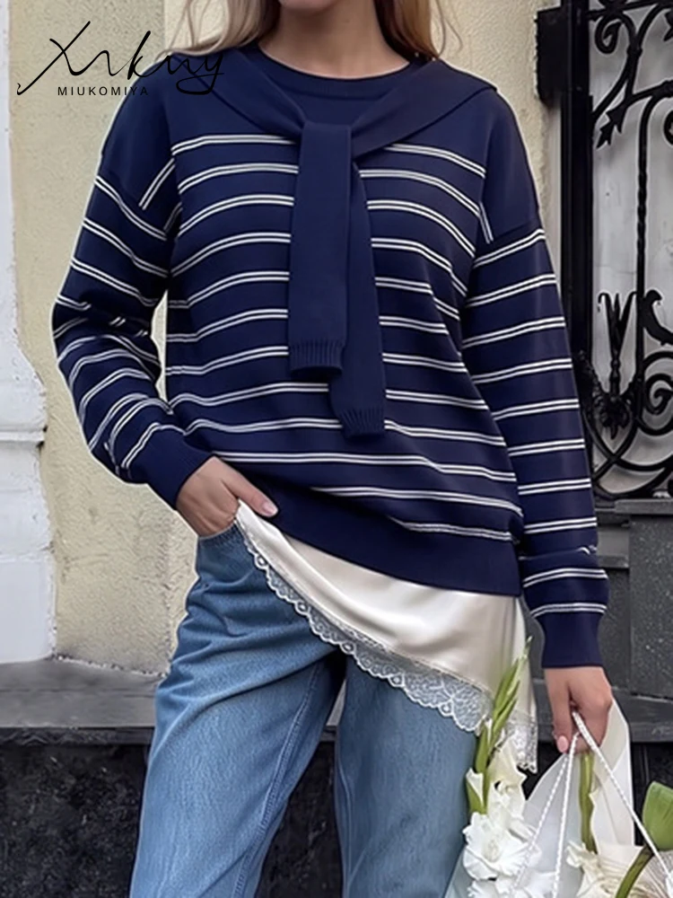 Oversized Striped Sweaters For Women Autumn 2 Sets Sailor Collar Coffee Pullovers Ladies White Jumpers O Neck Warm Sweaters Blue