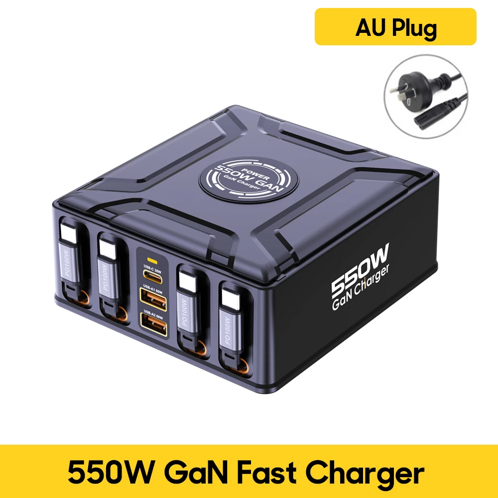 550W 7-in-1 oplaadstation met 100W intrekbare USB-C kabel GaN snellader voor MacBook Pro, iPhone 17, Samsung laptop en tablet