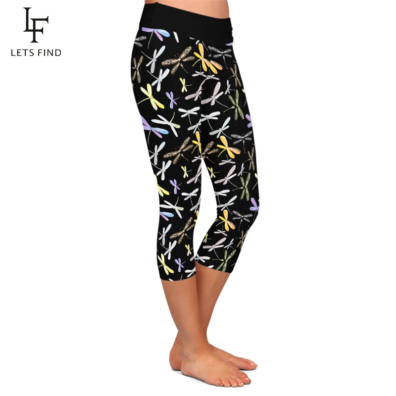 LETSFIND-mallas de cintura alta para mujer, Leggings Capri con estampado de libélula 3D, pantalones elásticos de media pantorrilla, Fitness suave,