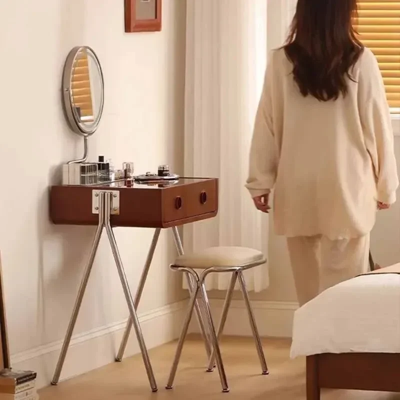 أدراج البراز مضمد مع صندوق مرآة البني الحديثة الفاخرة ماكياج خلع الملابس الجدول تخزين خشبي Comoda Para Quarto الأثاث #4