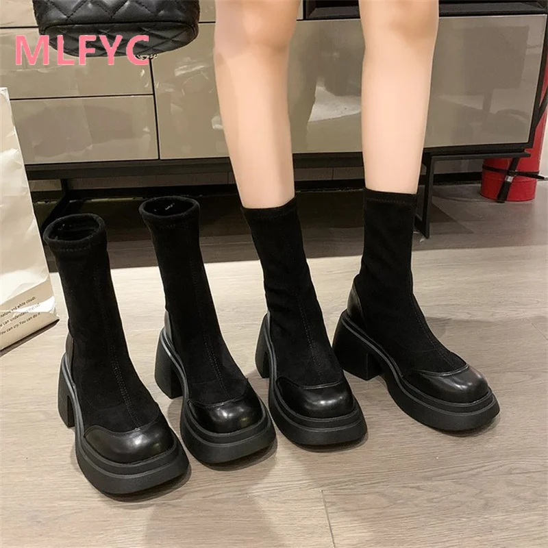 

Black Thick Sole Heightened Women's Spring and Autumn British Style New Network Red Versatile Short Boots womens boots