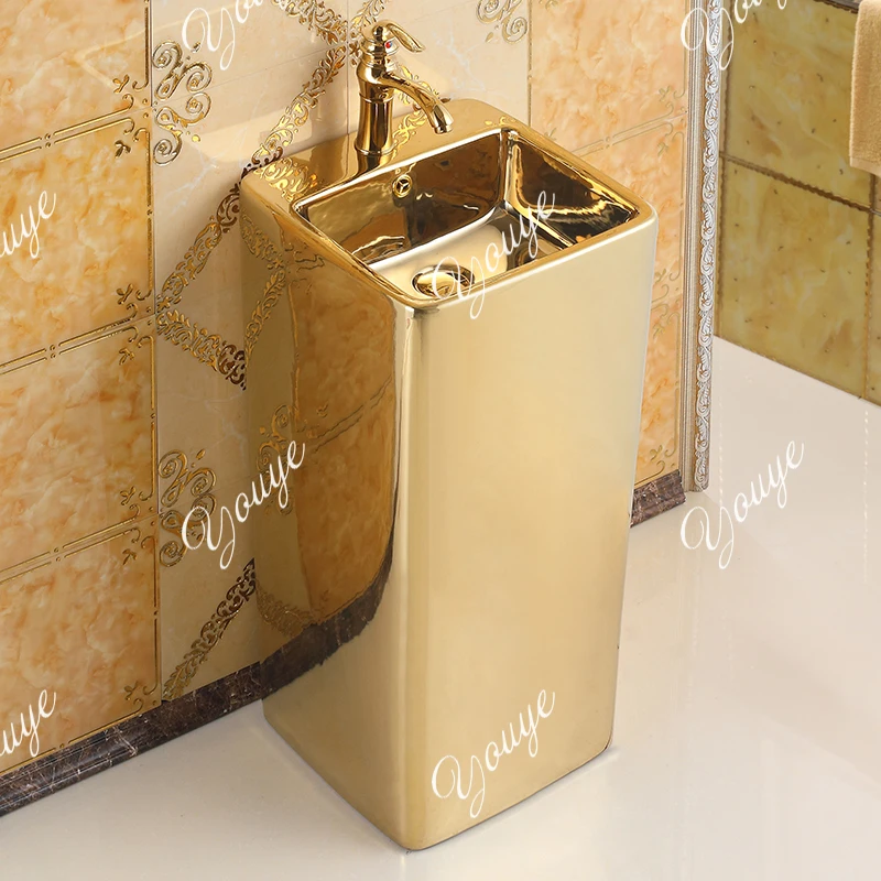

European-style golden ceramic hand wash basin integrated floor-to-ceiling square column basin hotel vertical color washbasin