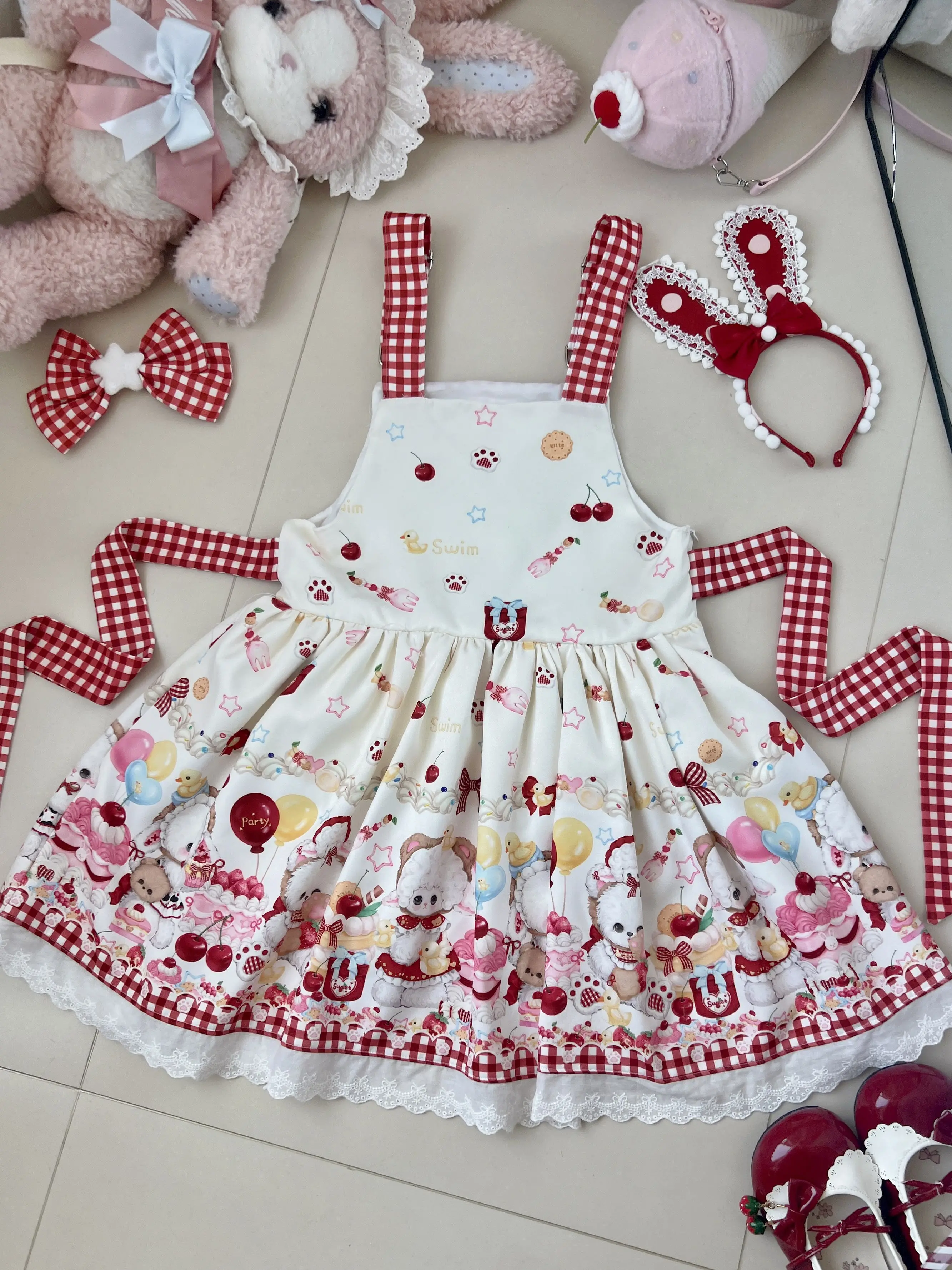 Lolita Oryginalna Autentyczna Urocza Sukienka JSK na Ramiączkach Damska Lolita Codzienna Uniwersalna Wiosenna Słodka Sukienka w Kratę na Lato