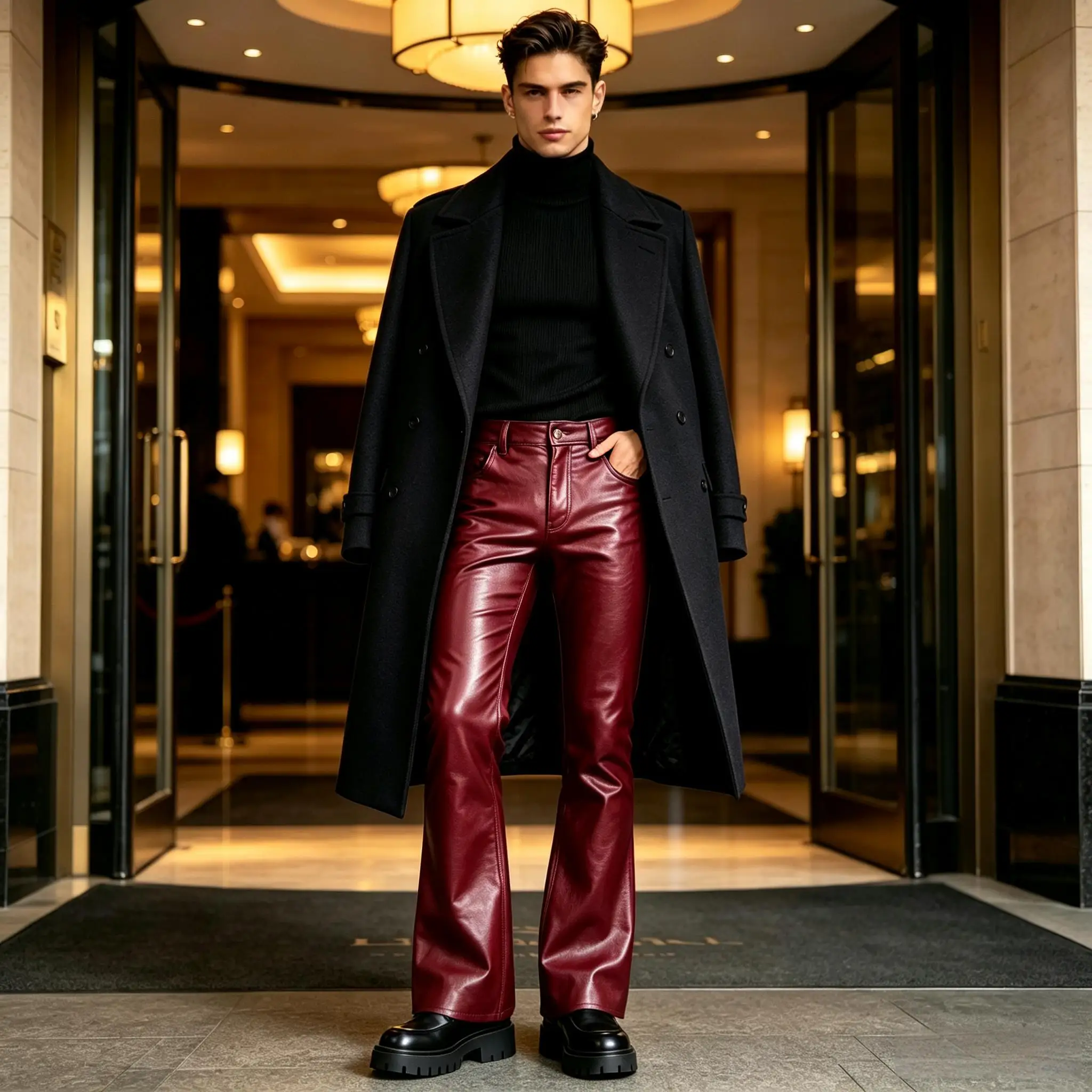 Men Burgundy Faux Leather Flare Pants High Waist Glossy Stretch Leather Trousers For Club Party Street Night Out Daily Wear