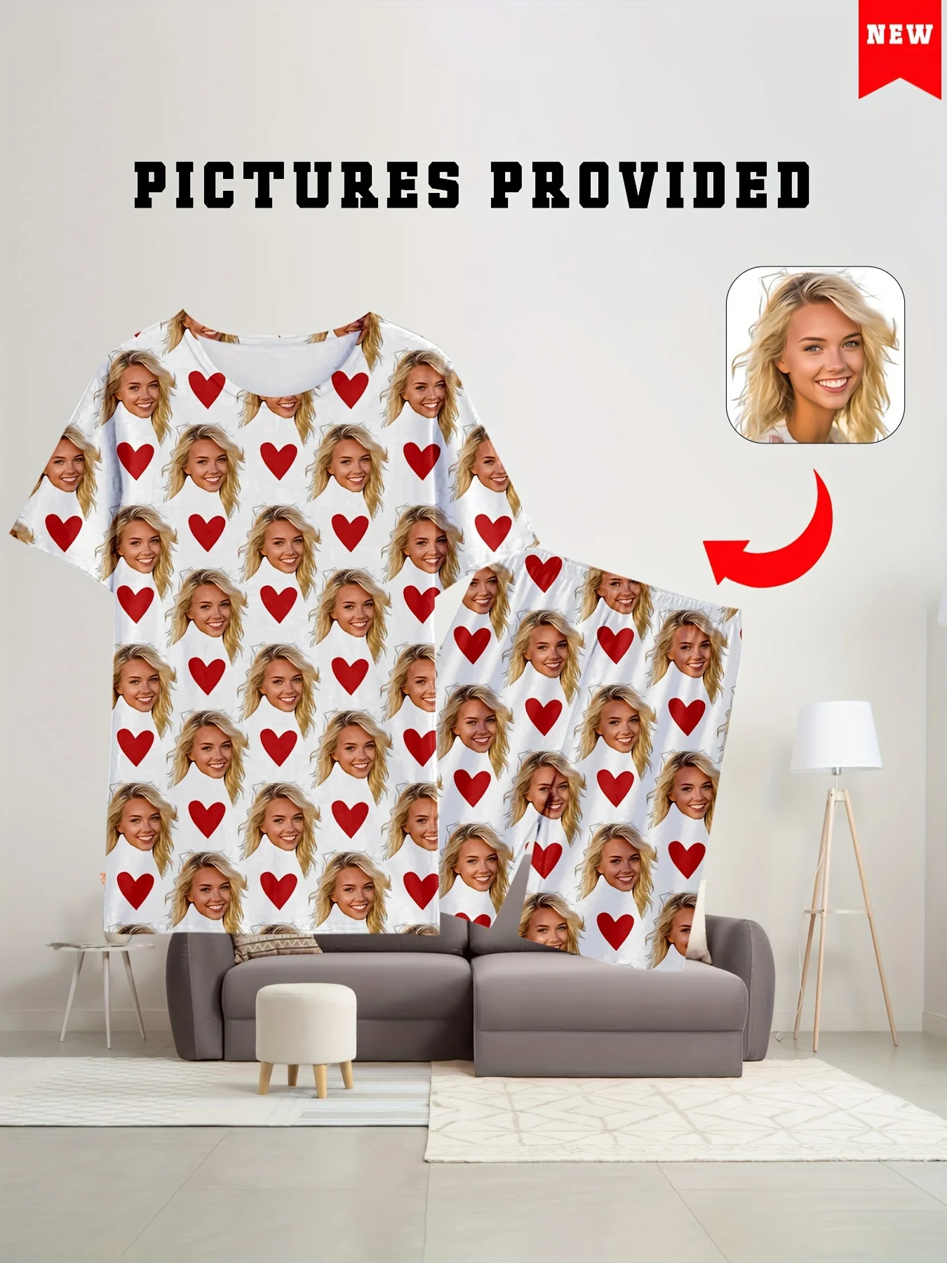 Men's or Women's Facial Printed T-Shirt Shorts Set Personal Photo Customized Comfortable Loose Home Set Valentine's Day Gift image 3