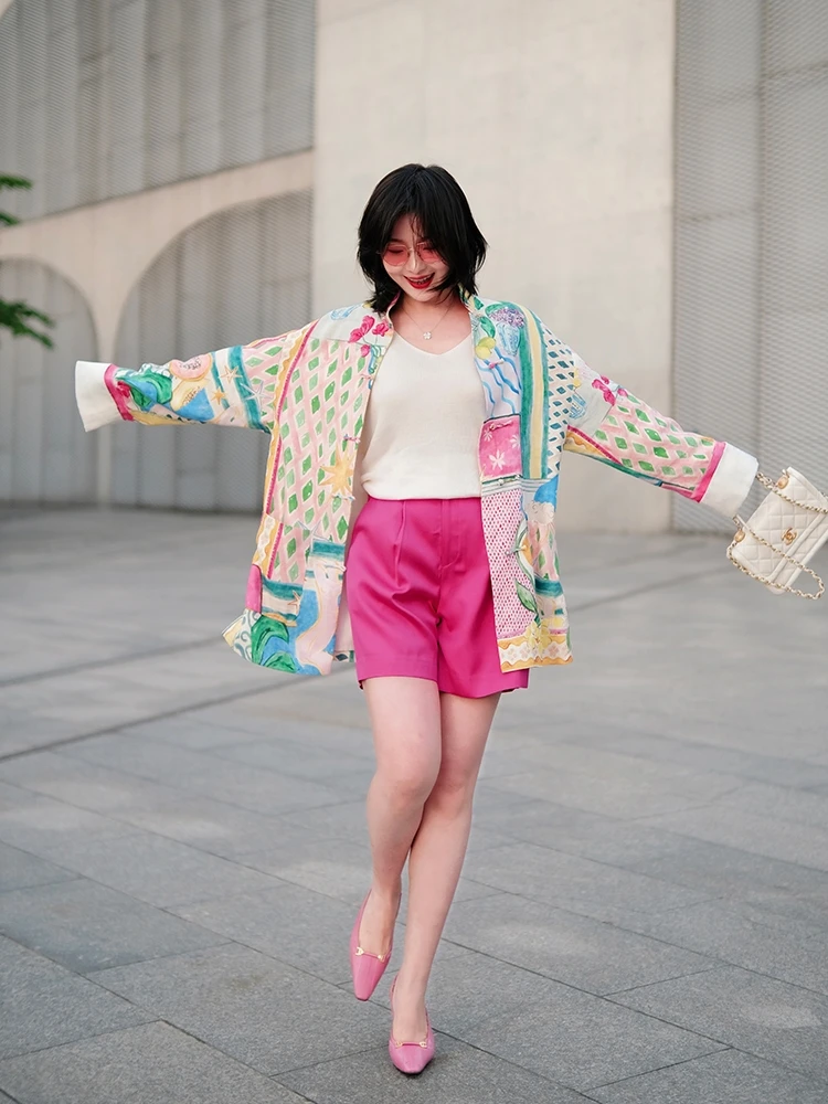 

Новая китайская шелково-льняная куртка с принтом, женская, свободного кроя, дышащая, с длинными рукавами, на пуговицах, оригинальный дизайн, осень 2025