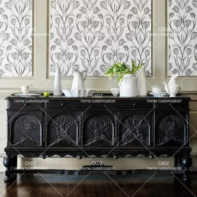 Retro Solid Wood Sideboard with Carved Animal Motifs Country Style Dining Room Storage Cabinet Living Room Porch Locker