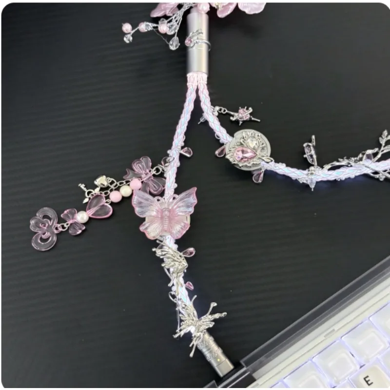 Customized 8K Pilot Cable Pink Butterfly Bead Pendant USB-C 1.3m Rgb Magnetic Mechanical Keyboard Cable Decoration Accessories