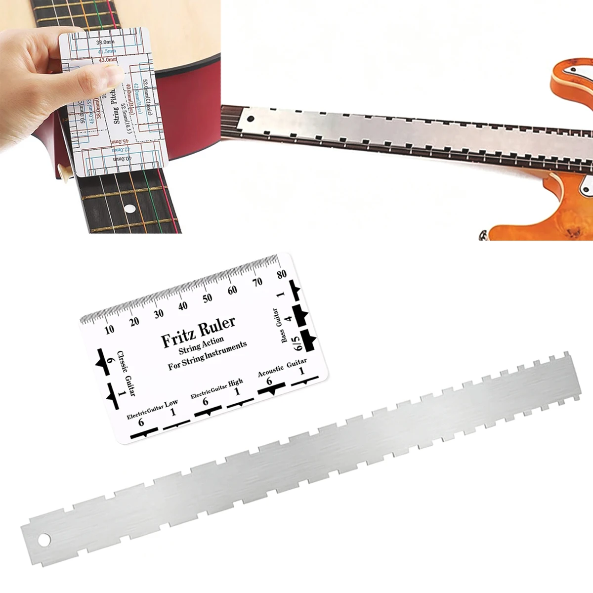 Miwayer Guitar Neck Ruler & String Action Gauge Set – Dual Scale 24.75/25.5 Inch, Notched Straight Edge + Action Ruler, Luthier