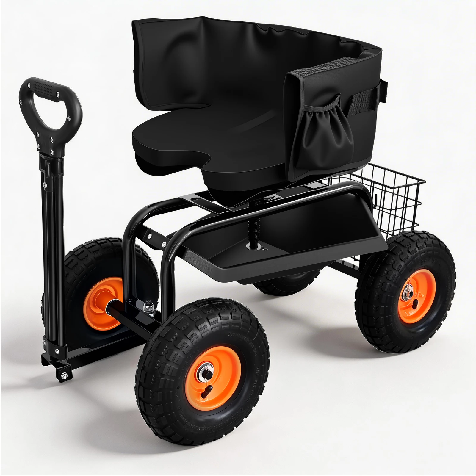 BHB Garden Seat with Wheels, Rolling Garden Stool with Adjustable 360°Swivel Seat, Storage Basket & Extendable Handle