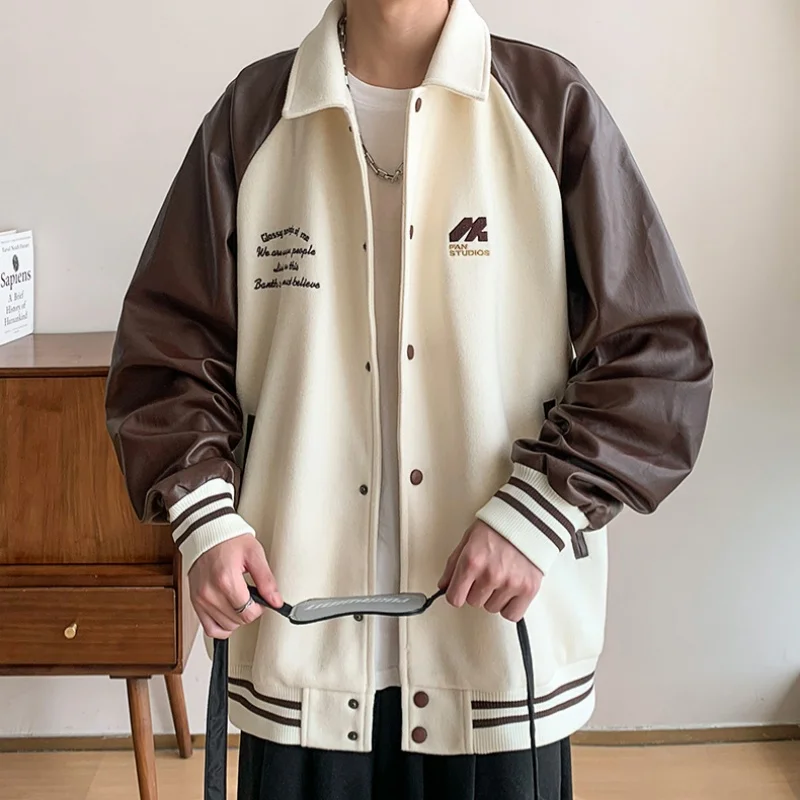 

Куртка мужская в американском стиле ретро, топ из искусственной кожи с вышивкой, на молнии, с разноцветной вставкой, стильная верхняя одежда, осень-зима