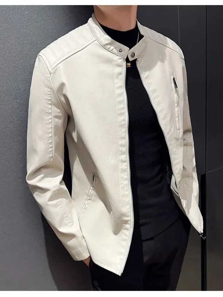 Mens Jacket Streetwear Autumn Winter Leather Biker Jacket Stand Collar Zip Up Design Simple Solid Color Punk Style Cool Fashion
