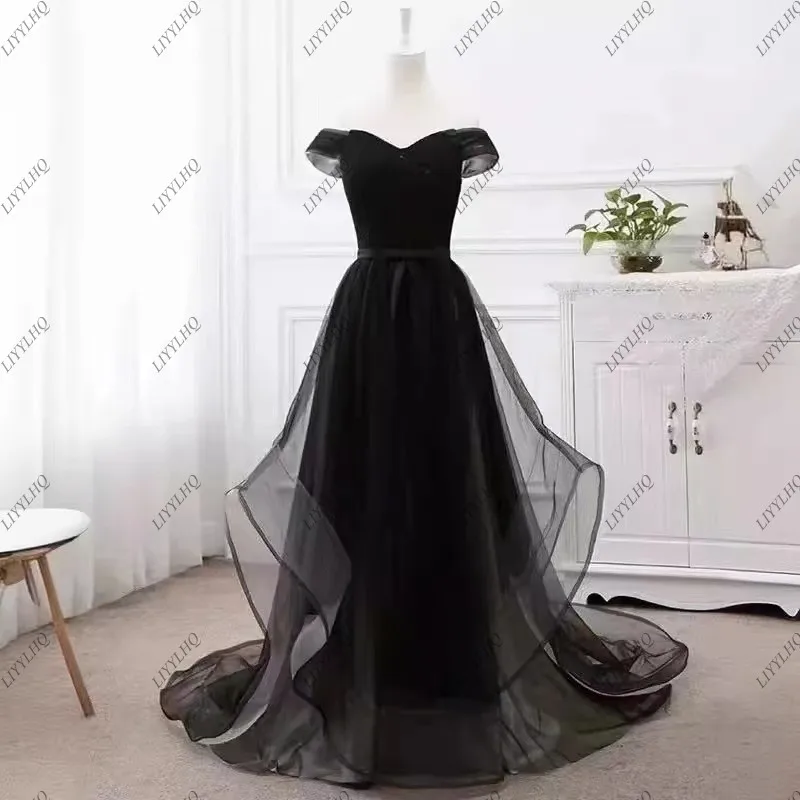 LIYYLHQ Modern Black Evening Dresses for Women Off the Shoulder Formal Occasion Dresses Tulle Prom Dresses Vestidos De Noche