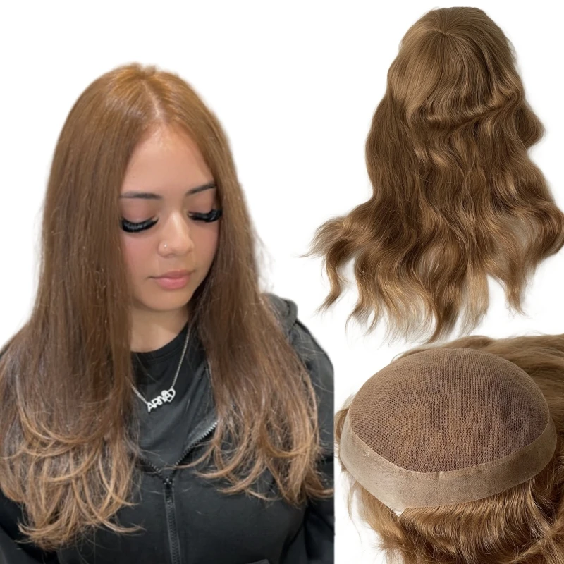 

16 inches Brazilian Virgin Human Hair System Straight Color 8# PU Perimeter Center Lace Unit 8x10 AUS Topper for White Woman