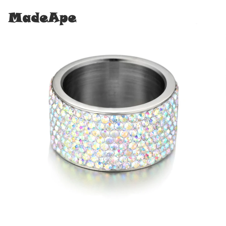 MadApe Wholesale High Quality Classic Stainless Steel 8 Row Crystal Jewelry Women Wedding Ring 12mm 6-9#