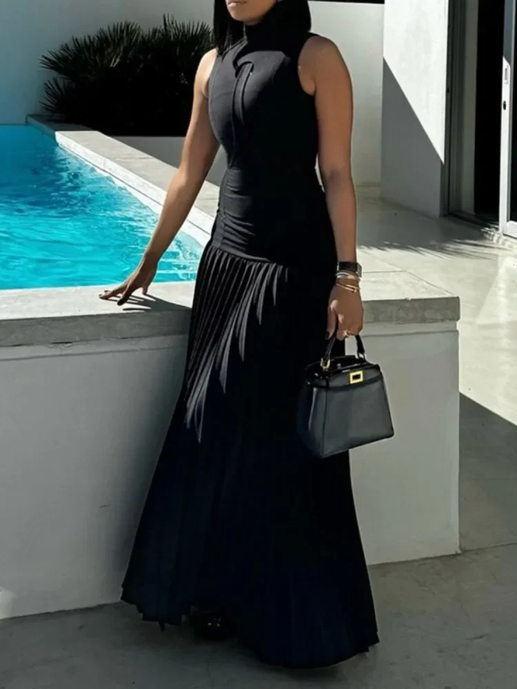 2025 New Women's Stand Collar Sleeveless Pleated Maxi Dresses Black Bodycon Party Evening Formal Elegant Dress
