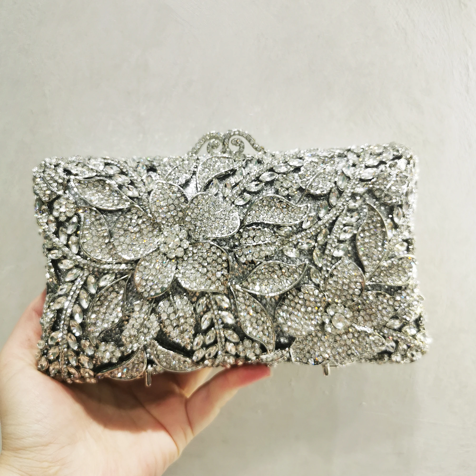 XIYUAN New Arrival Woman Silver Gold Diamond Evening Bag Flower Crystal Birthday Party Handbag Wedding Bridal Gala Floral Purse